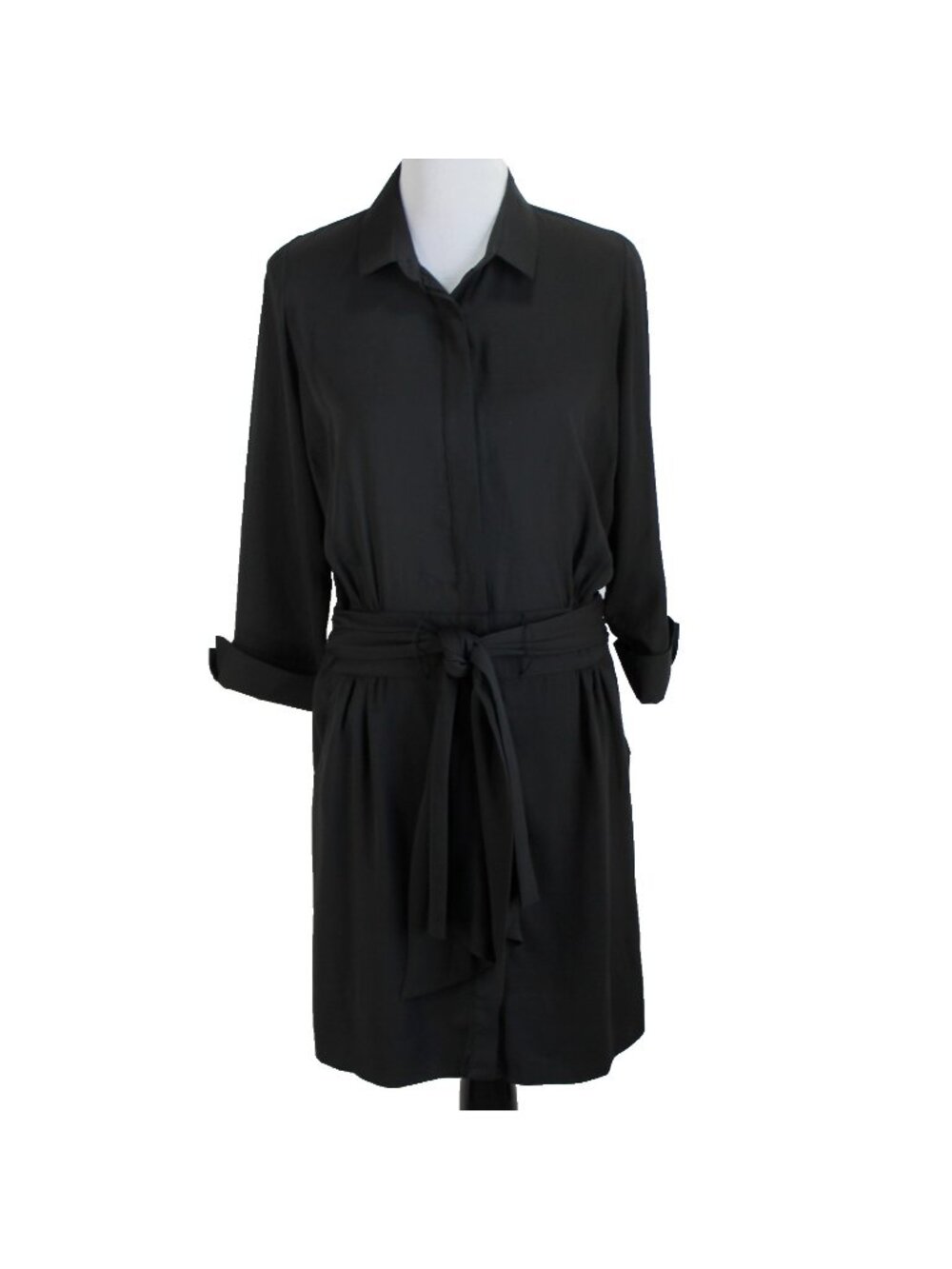 Gretchen Scott Breezy Blouson Dress Size S Black Chiffon 3/4 Sleeve Tie Waist